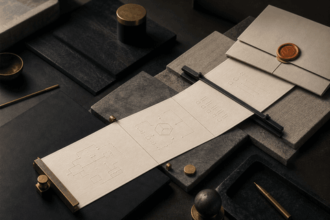 A continuous paper software specification crosses several work surfaces and ends in a sealed verification folder, representing a portable contract across tools.